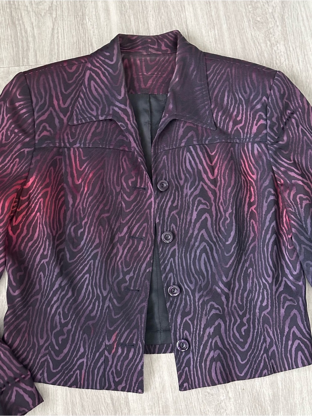 Vintage Alberto Makali Purple Black Zebra Jacquard Cropped Jacket Blazer Art